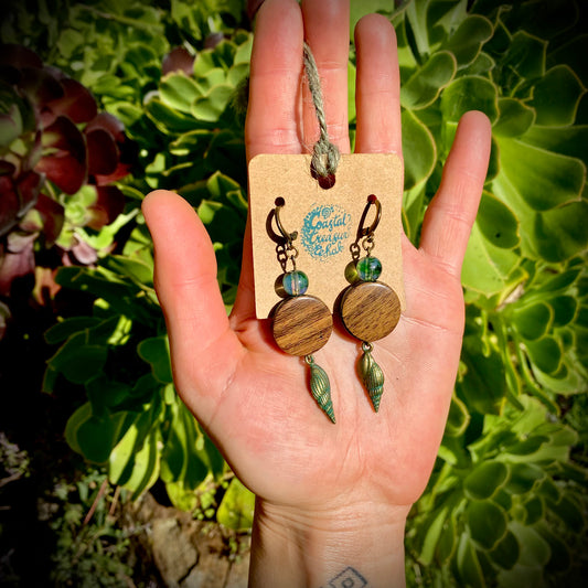 Where Forest & Ocean Meet - Patina & Wood dangly earrings