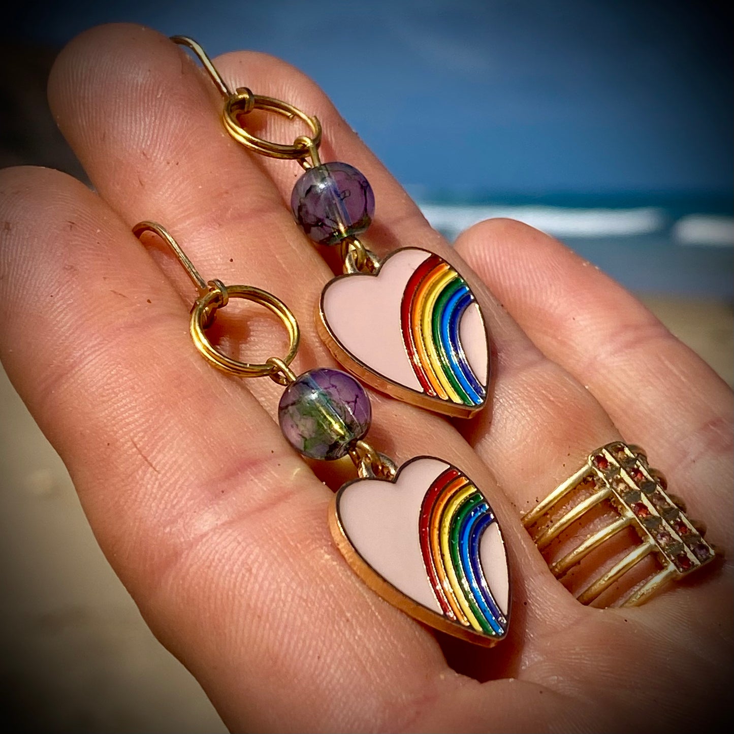 "Rainbow Heart" - dangly enamelled earrings