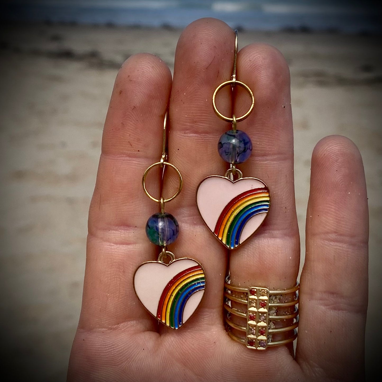 "Rainbow Heart" - dangly enamelled earrings