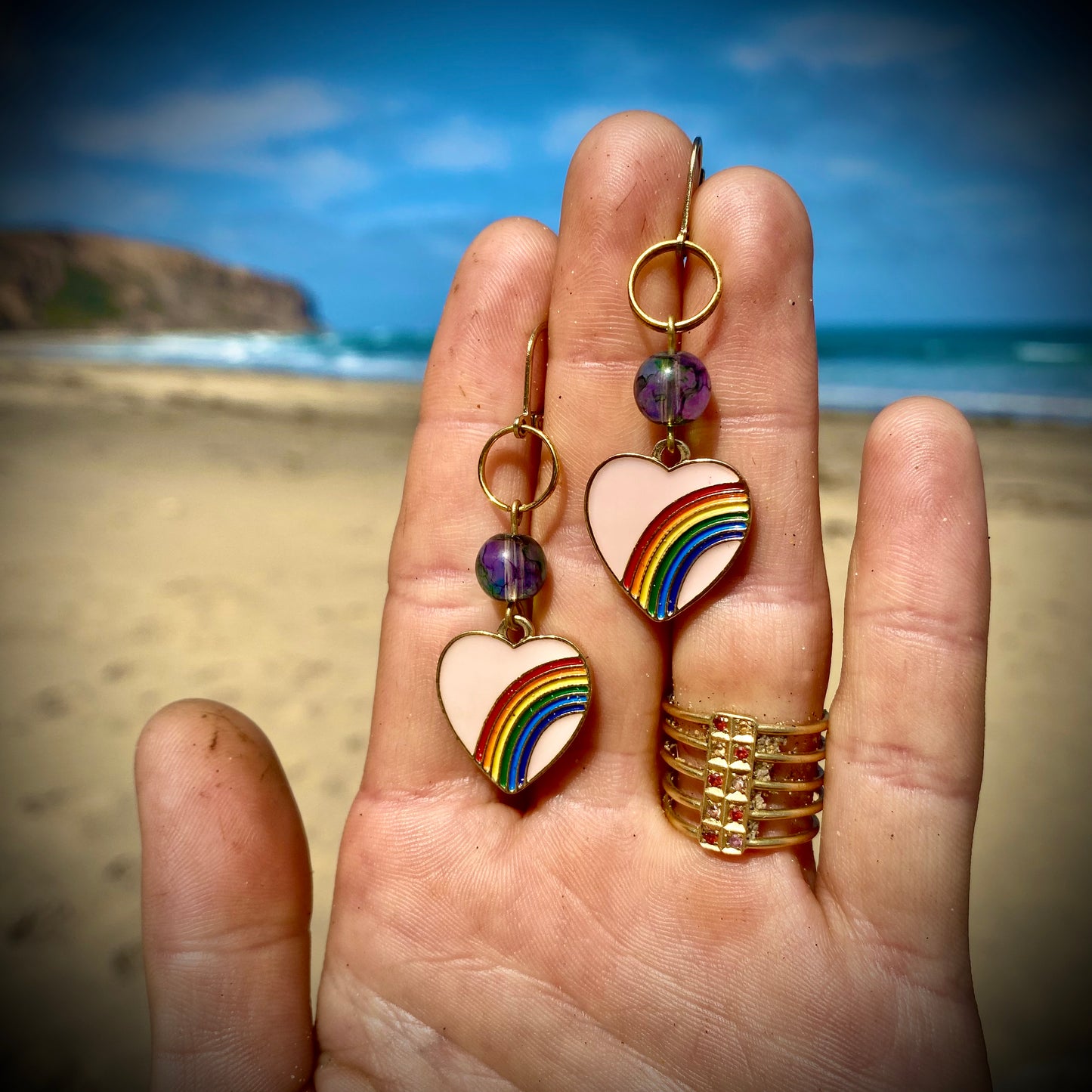 "Rainbow Heart" - dangly enamelled earrings